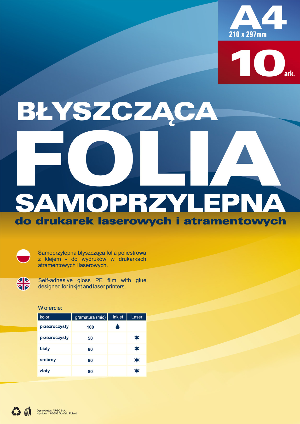Folia samoprzylepna do drukarek atramentowych A4 100mic. 10szt. Argo